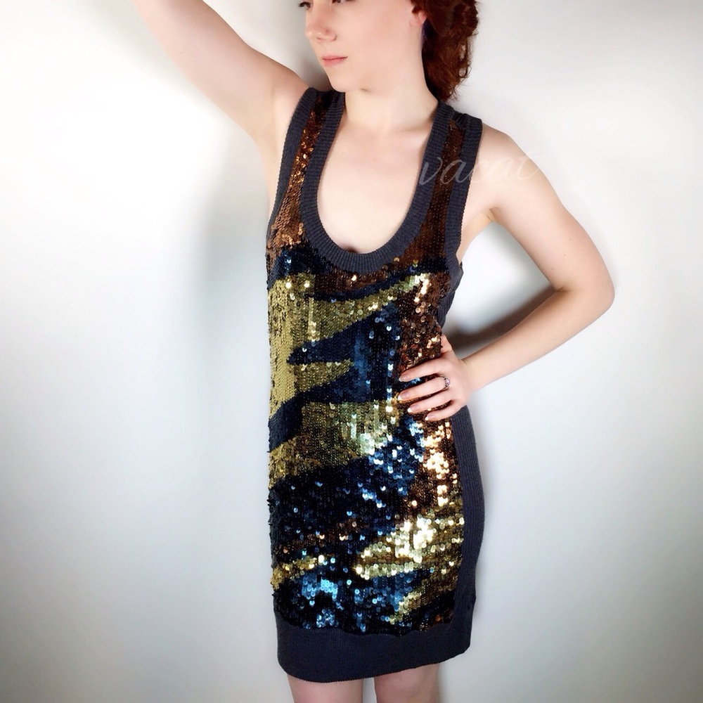Haute Hippie Metallic Sequin Gold and Slate Blue Tank Top Dress